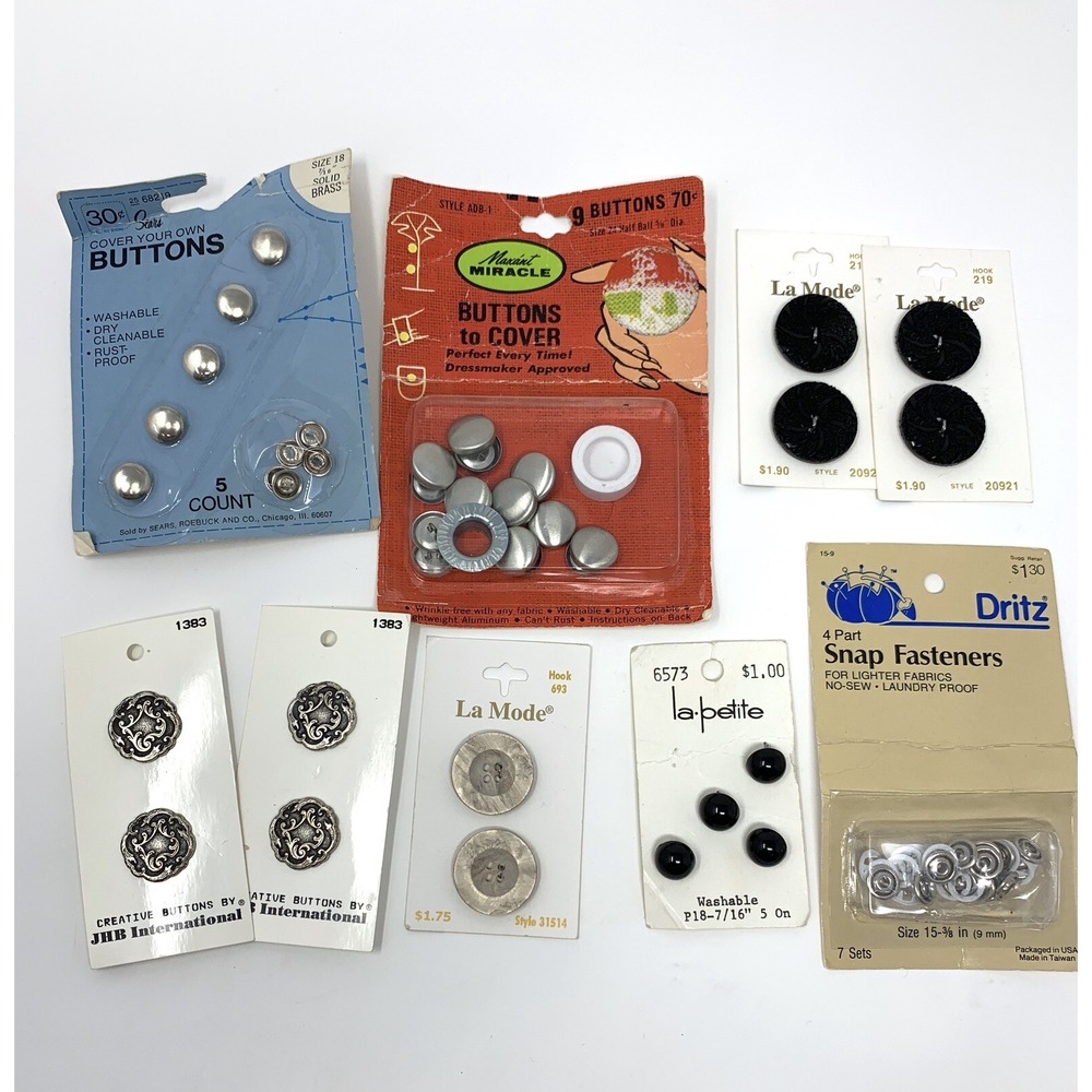 VTG Lot Of 8 Carded Sewing Buttons LaMode JBH Shell Metal, Buttons to Cover NOS